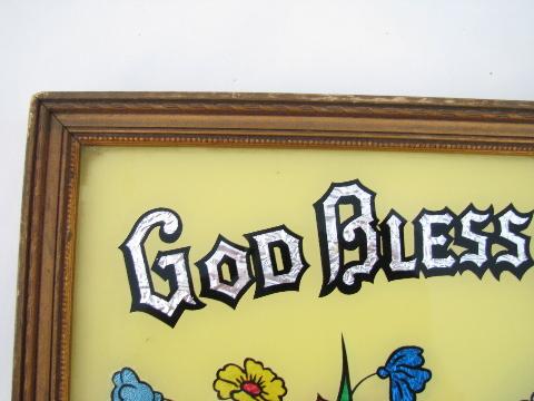 God Bless Our Home, vintage painted glass motto w/ old religous picture