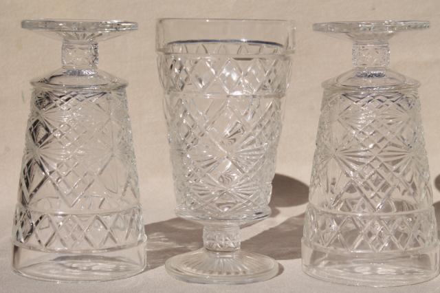 Gothic pattern glass peanut butter glasses, 50s vintage Hazel Atlas footed tumblers