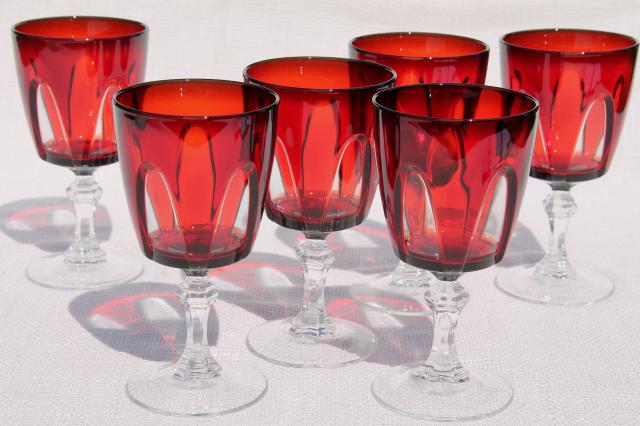 Gothic pattern ruby red cut to clear wine glasses water goblets Cristal d'Arques France