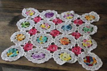 Grandma's flower garden vintage crochet lace doily w/ colored flowers