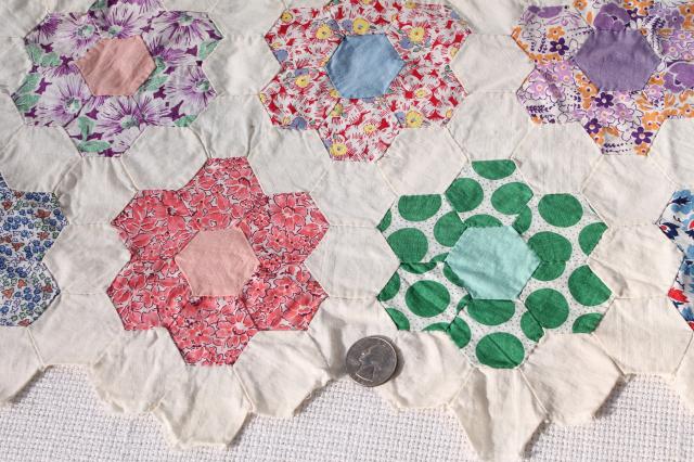 Grandma's flower garden patchwork quilt top table runner, vintage cotton print fabrics