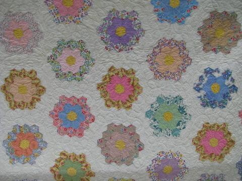 Grandma's flower garden pattern antique vintage patchwork quilt, old cotton prints