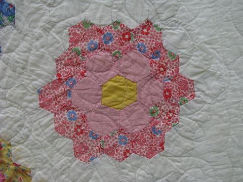Grandma's flower garden pattern antique vintage patchwork quilt, old cotton prints