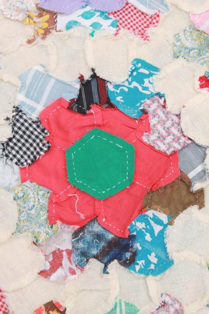 Grandma's flower garden quilt top, vintage cotton prints pieced patchwork, hand-stitched
