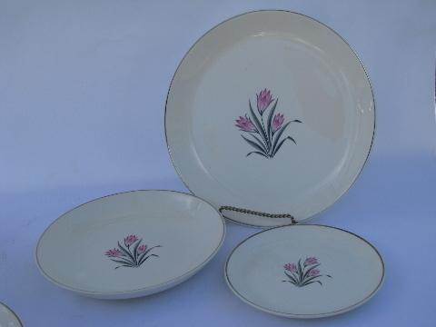 GrantCrest pink crocus pattern china, vintage pottery lot dinner plates, soup bowls