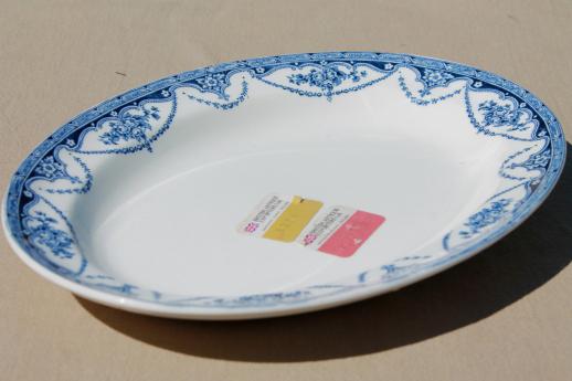 Great Universal British pottery, blue & white china platter w/ vintage export label