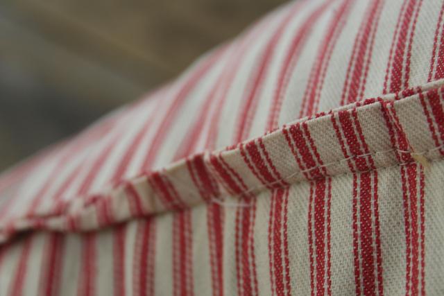 HEAVY old chicken feather pillow, vintage barn red striped cotton ticking fabric cover