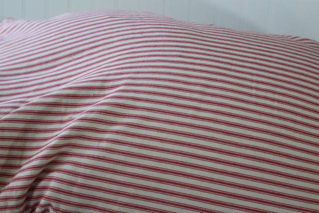 HEAVY old chicken feather pillow, vintage barn red striped cotton ticking fabric cover