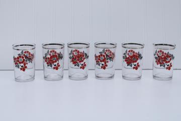 Hall Red Poppy pattern juice glasses, vintage Libbey clear glass tumblers w/ poppies print