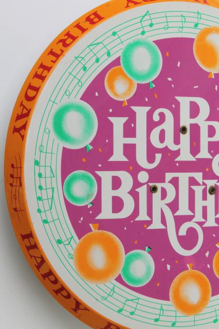 Happy Birthday revolving musical cake stand, vintage litho print metal cake pedestal music box