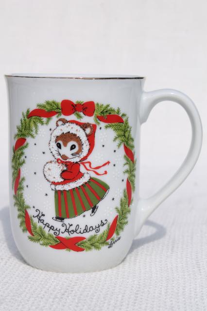 Happy Holidays & Merry Christmas mouse lady tea or coffee mugs, 70s vintage Japan