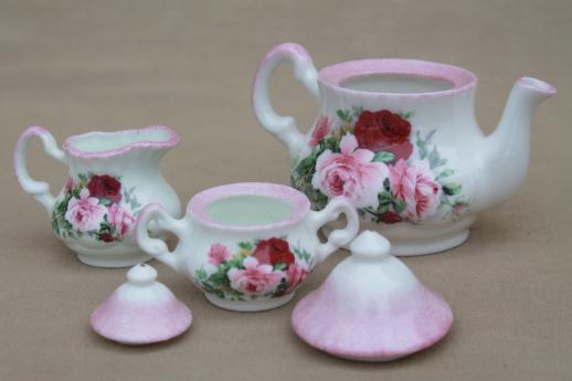Harrods English bone china doll dishes, miniature toy tea set w/ pink roses