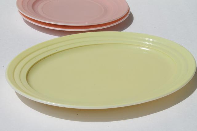 Hazel Atlas moderntone depression glass dishes, platonite pastels pink & yellow plates & platter