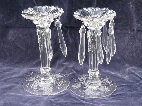 Heisey Orchid depression vintage etched elegant glass pair of candlesticks, prisms lusters