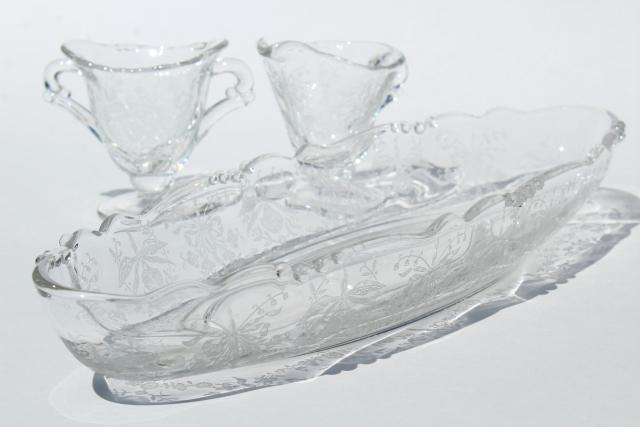 Heisey orchid etch, vintage crystal clear elegant glass celery tray, cream and sugar