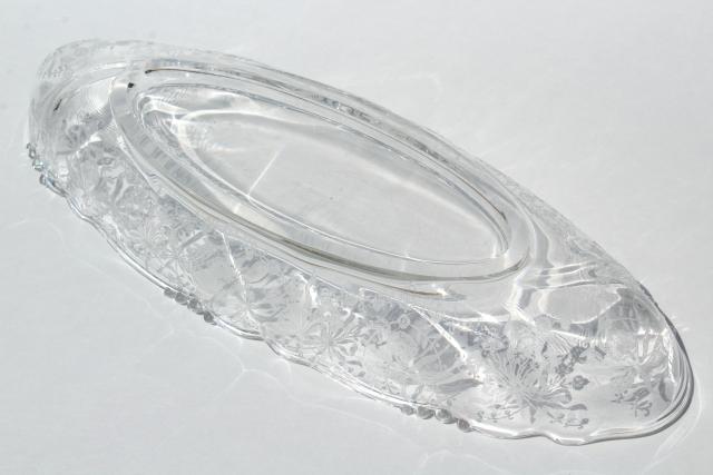 Heisey orchid etch, vintage crystal clear elegant glass celery tray, cream and sugar