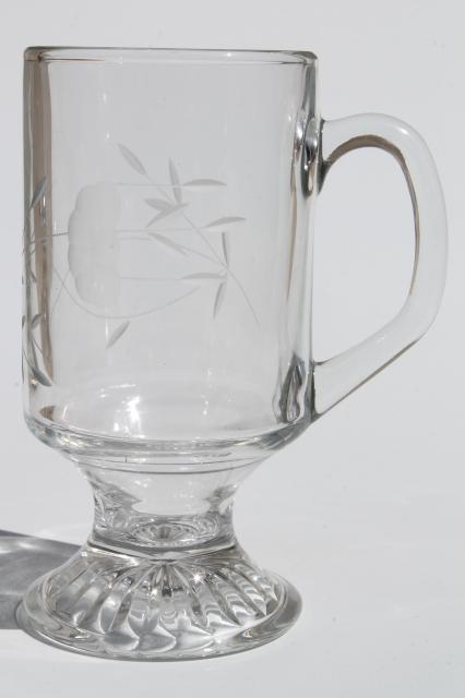 Heritage Princess House etched glass tall cups, Irish coffee footed mugs set