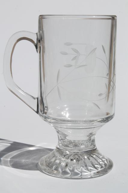 Heritage Princess House etched glass tall cups, Irish coffee footed mugs set