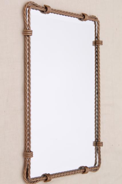Hollywood regency style beveled glass plateau mirror tray w/ gold rope twist wire frame