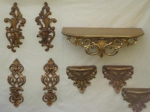 Hollywood regency vintage gold rococo plastic candle sconces, shelf, wall pockets