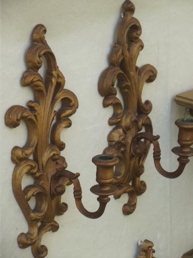 Hollywood regency vintage gold rococo plastic candle sconces, shelf, wall pockets
