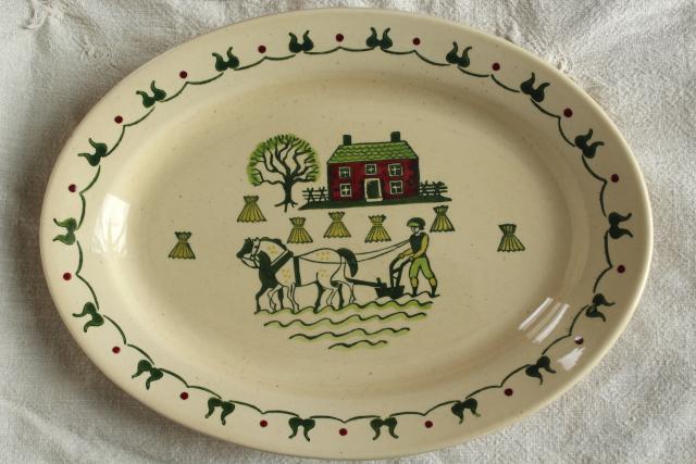 Homestead Provincial vintage folk art farm scene platter, Metlox pottery Poppy Trail