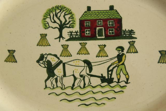 Homestead Provincial vintage folk art farm scene platter, Metlox pottery Poppy Trail