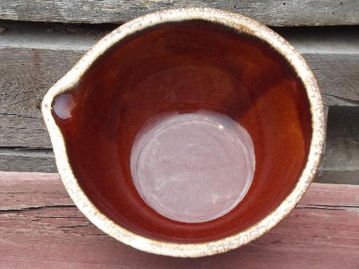 Hull Oven Proof brown drip pottery mixing bowl w/ lip pouring spout