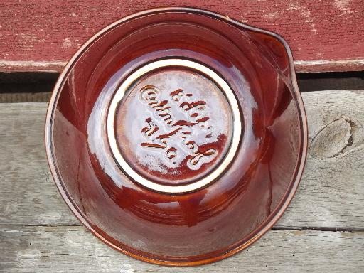 Hull Oven Proof brown drip pottery mixing bowl w/ lip pouring spout