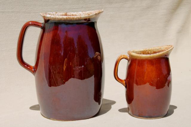 Hull oven proof pottery cream pitcher & milk jug, brown drip glaze stoneware