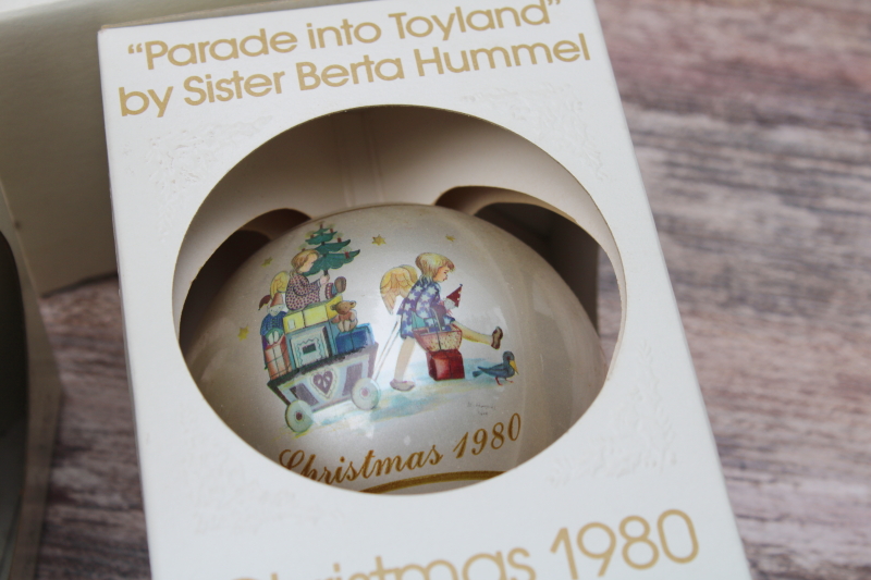 Hummel 1970s 1980s vintage Schmid round ball Christmas ornaments in boxes, lot of 10