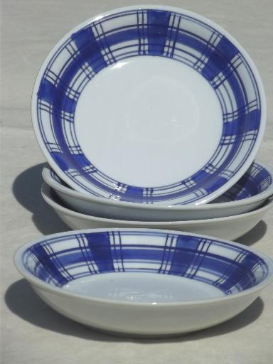 IDG china blue & white plaid bowls, pots de creme set w/ Willams Sonoma labels