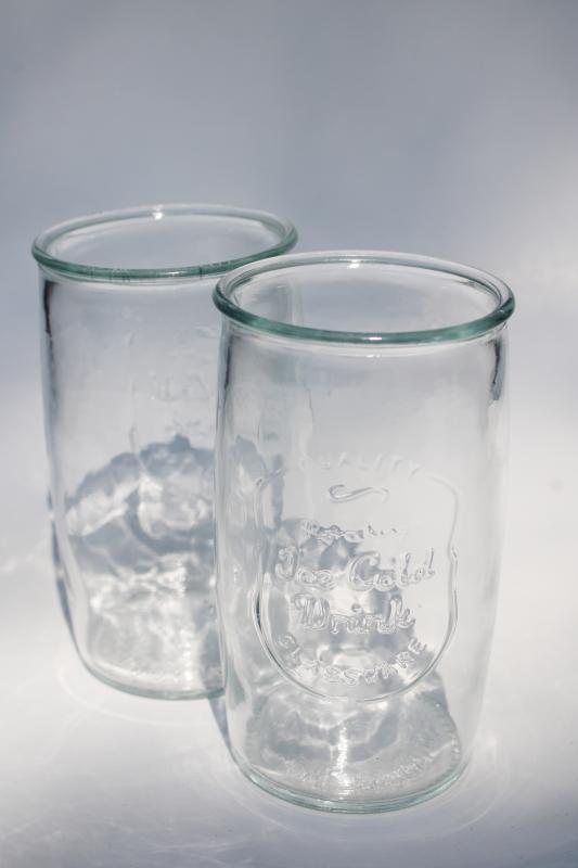 Ice Cold Drink glassware jelly jar style drinking glasses, embossed glass tumblers