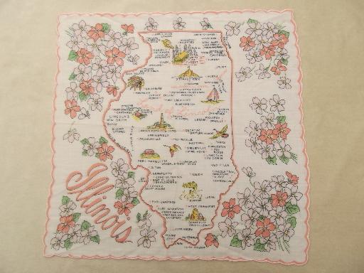 Illinois map print hanky, 50s 60s vintage souvenir handkerchief