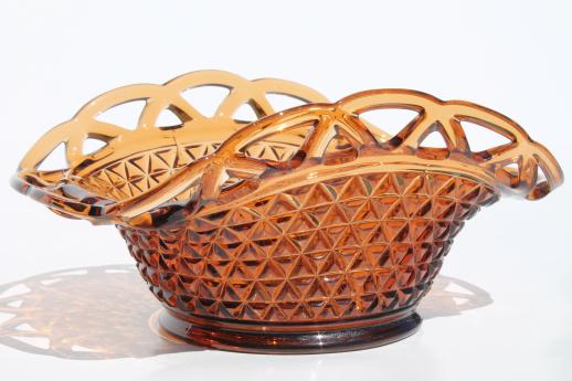 Imperial glass laced edge bowl, open lace pattern amber glass fruit basket