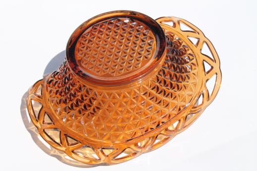 Imperial glass laced edge bowl, open lace pattern amber glass fruit basket