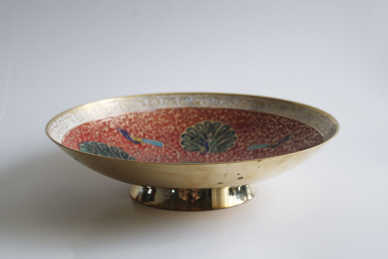 India solid brass bowl w/ hand painted enamel peacocks design, vintage boho decor