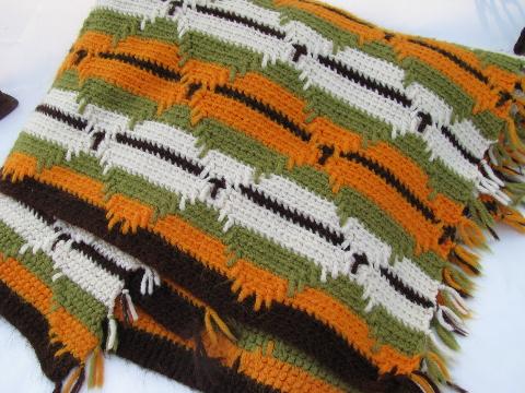 Indian blanket style vintage crochet afghan, green & gold