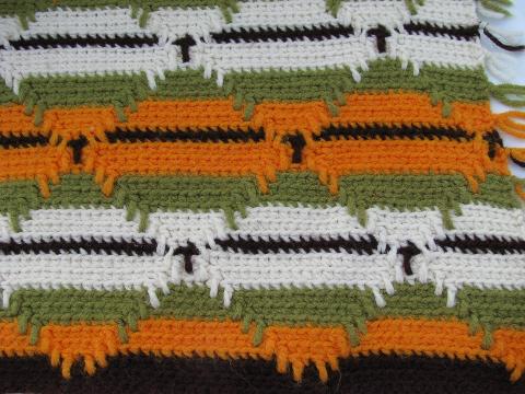 Indian blanket style vintage crochet afghan, green & gold