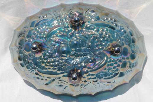 Indiana carnival glass bowl, 70s vintage blue iridescent glass harvest grapes fruit bowl