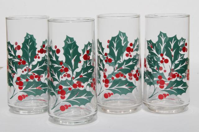 Indiana glass Christmas holly berry print pitcher & drinking glasses