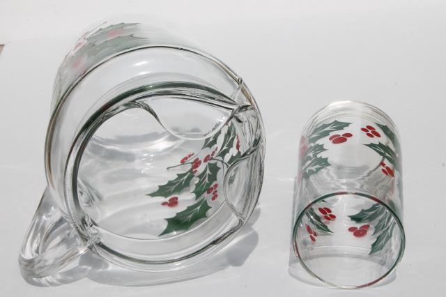 Indiana glass Christmas holly berry print pitcher & drinking glasses