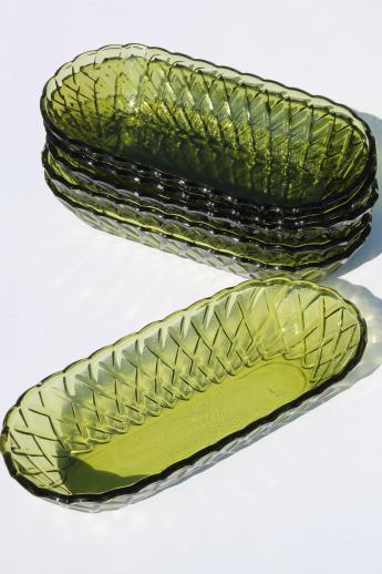 Indiana pretzel avocado green glass serving dishes, long bowls or celery trays 