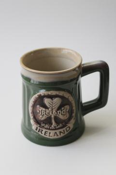 Ireland Irish stoneware coffee mug souvenir, Deneen style pottery shamrock emblem