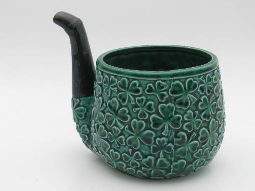 Irish shamrocks leprechaun&s pipe ceramic planter, vintage Relpo - Japan