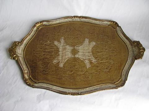 Italian florentine antique gilt oval wood tray, vintage Italy