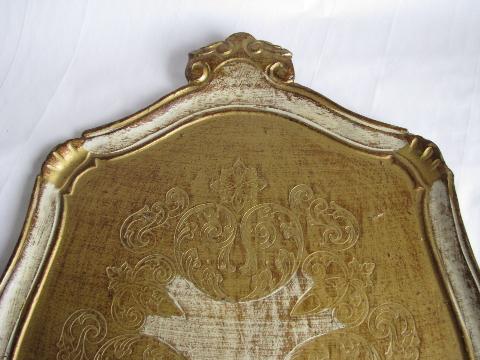Italian florentine antique gilt oval wood tray, vintage Italy