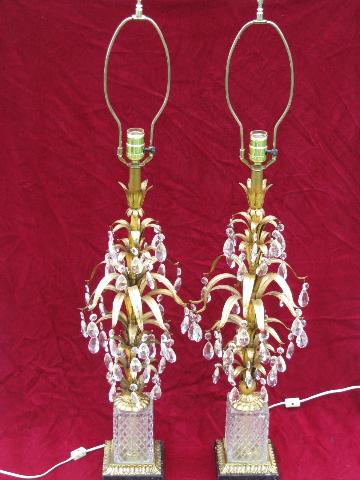 Italian tole / black marble vintage gold leaf table lamps pair, tons of glass prisms