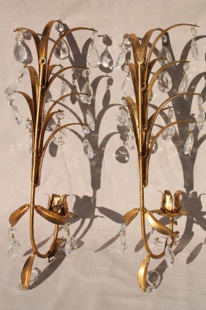 Italian tole vintage gold metal wall sconce candle holders w/ glass teardrop prisms