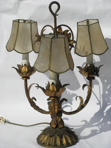 Italian tole wrought metal candelabra table lamp, antique gold flowers, capiz shell shades